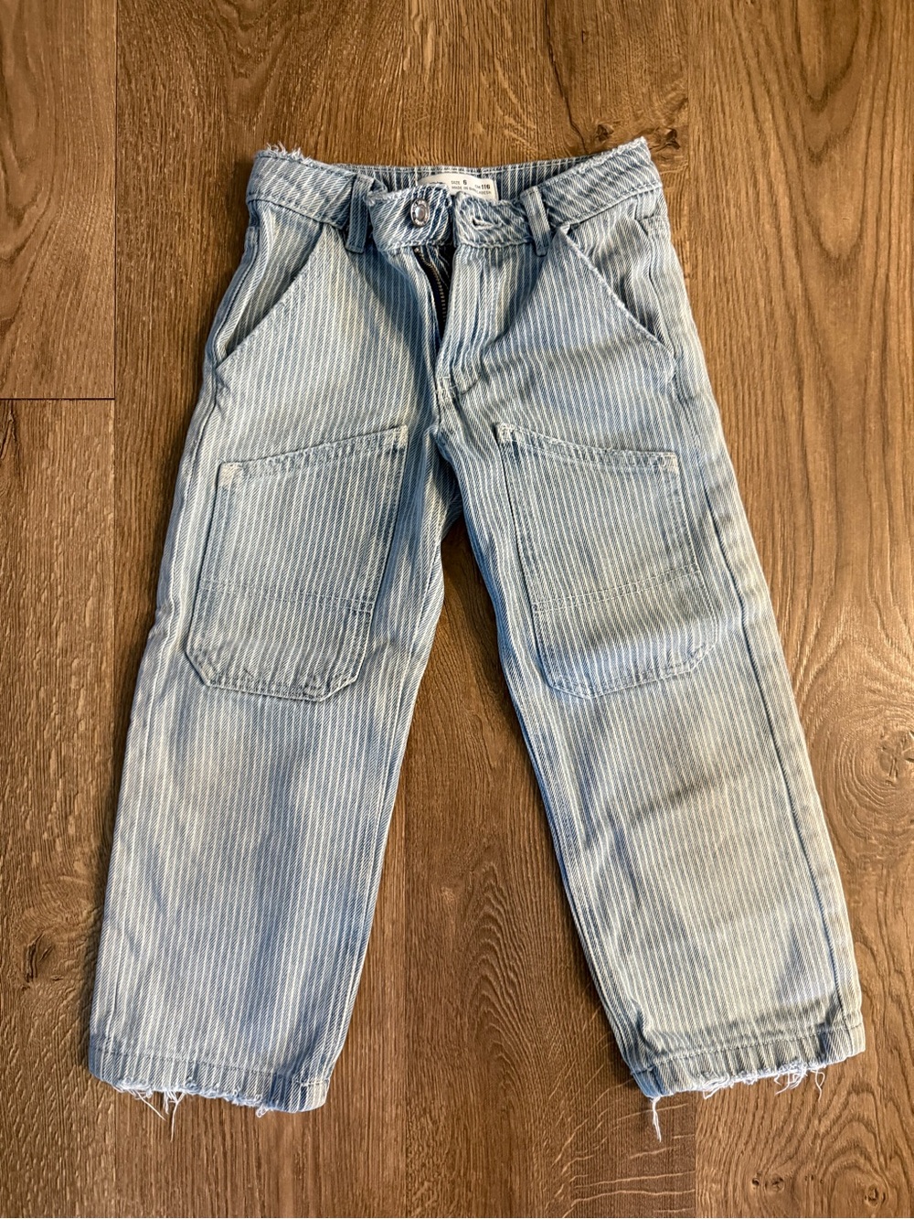 Zara Little Girls Light Blue Pinstripe Denim Pants, Wide Leg Cargo Jeans, 6
